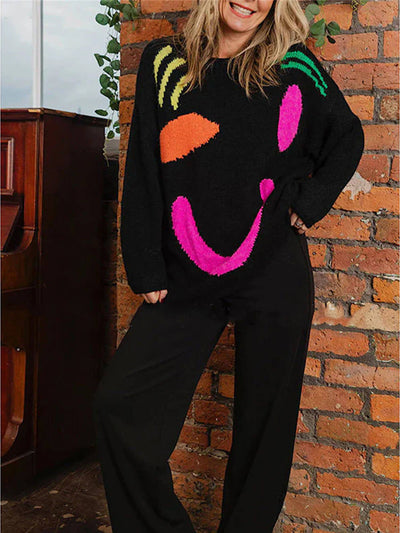 Bluza z Długim Rękawem w Stylu Colorblock – Okrągły Dekolt w Kratę