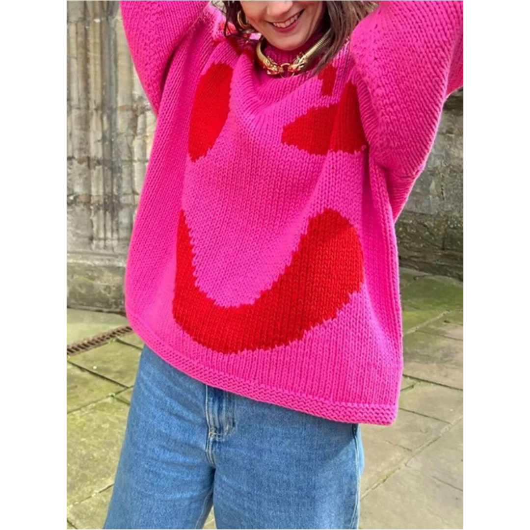 Bluza z Długim Rękawem w Stylu Colorblock – Okrągły Dekolt w Kratę