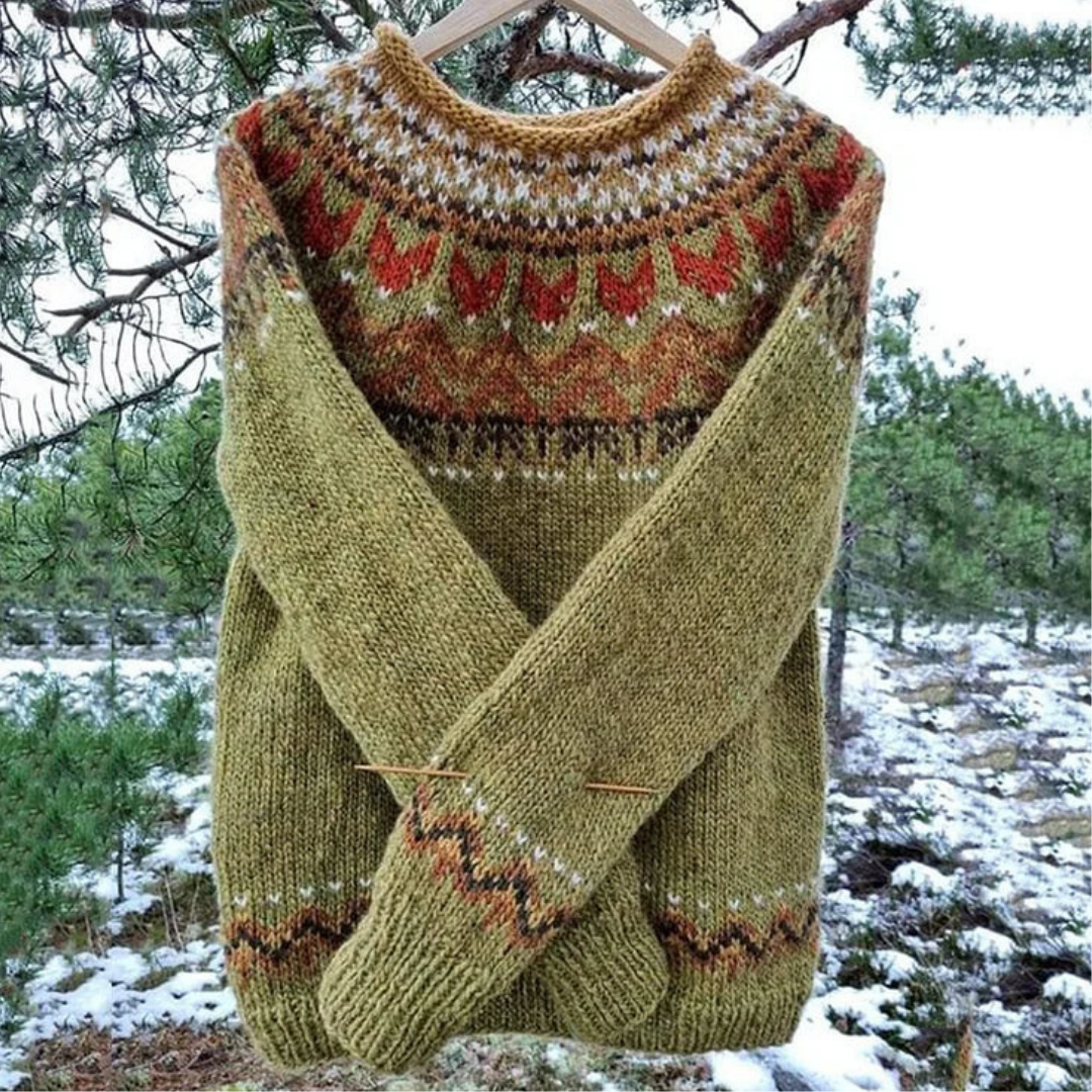 Sweter Zimowy Vintage z Długim Rękawem i Okrągłym Dekoltem