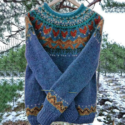 Sweter Zimowy Vintage z Długim Rękawem i Okrągłym Dekoltem