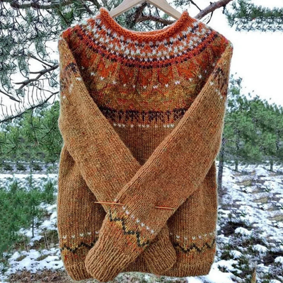 Sweter Zimowy Vintage z Długim Rękawem i Okrągłym Dekoltem
