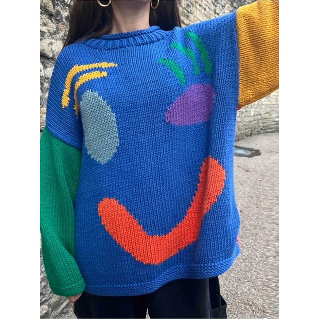 Bluza z Długim Rękawem w Stylu Colorblock – Okrągły Dekolt w Kratę
