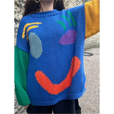 Bluza z Długim Rękawem w Stylu Colorblock – Okrągły Dekolt w Kratę