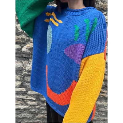 Bluza z Długim Rękawem w Stylu Colorblock – Okrągły Dekolt w Kratę