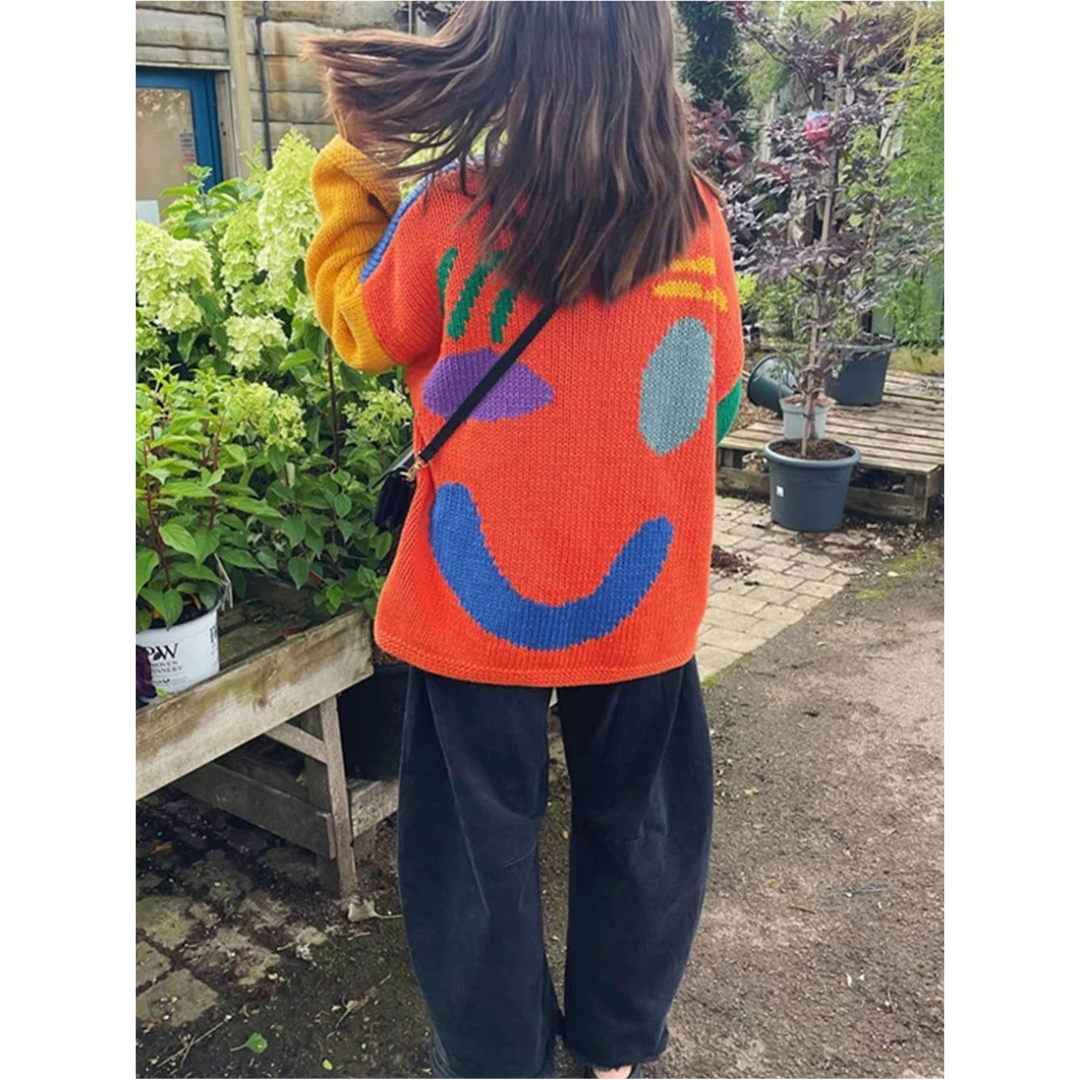 Bluza z Długim Rękawem w Stylu Colorblock – Okrągły Dekolt w Kratę