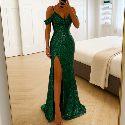 Sukienka Maxi Off-Shoulder | Wieczorowa i Błyszcząca