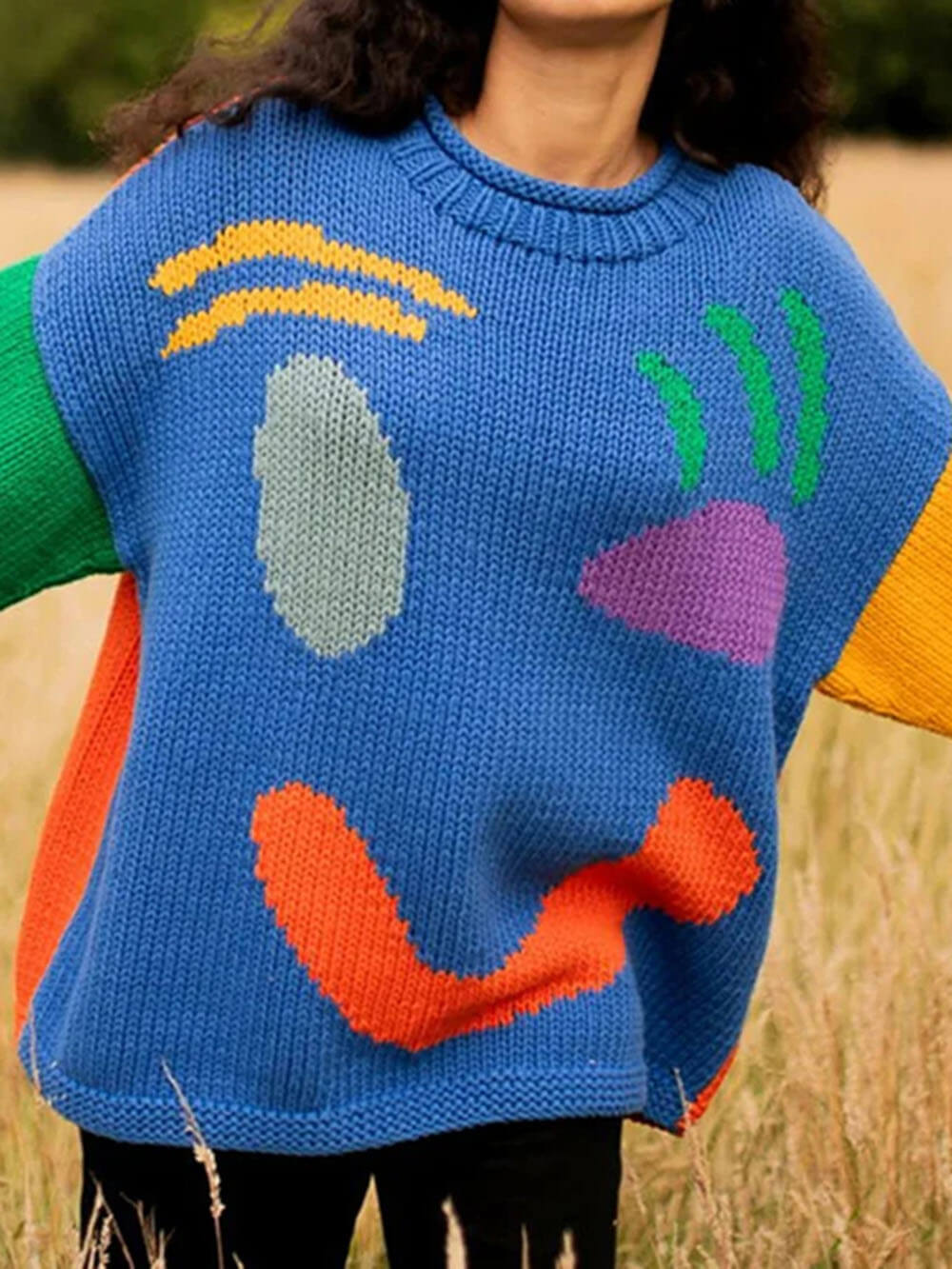 Bluza z Długim Rękawem w Stylu Colorblock – Okrągły Dekolt w Kratę