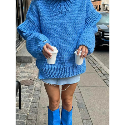 Gruby Dziany Sweter Z Golfem – Sweter Z Rękawami Lampion