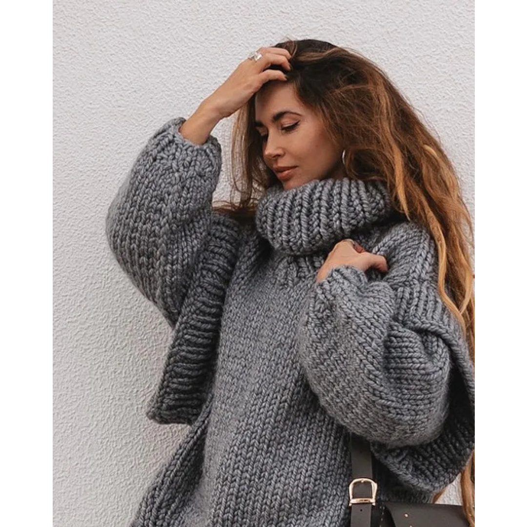 Gruby Dziany Sweter Z Golfem – Sweter Z Rękawami Lampion