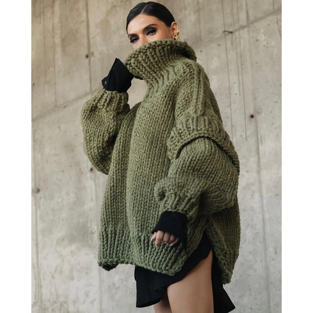 Gruby Dziany Sweter Z Golfem – Sweter Z Rękawami Lampion