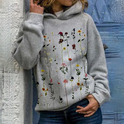 Sweter z Kapturem w Kwiatowy Wzór - Dzianina